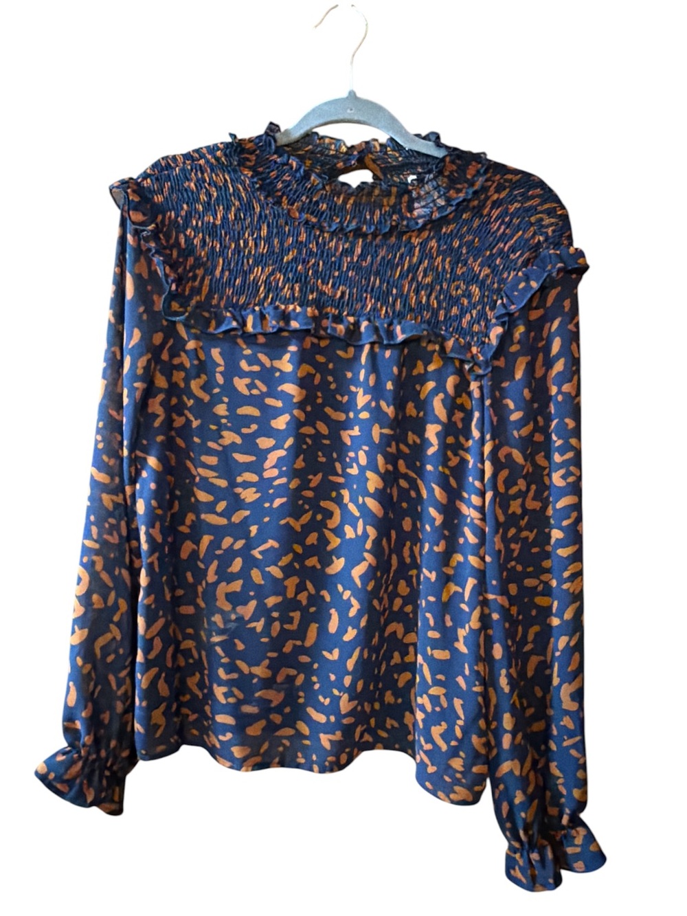 APRICOT Navy and Tan Ruffle Smocked Yoke Blouse fall autumn boho